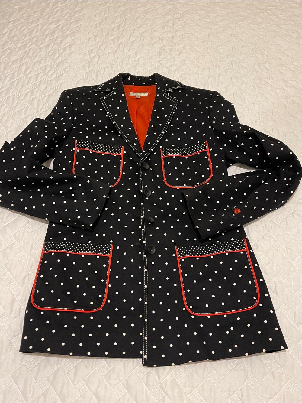 Vintage Mondi Polka Dot Contrast-Trim Blazer Jacket - Black/White with Red Trim